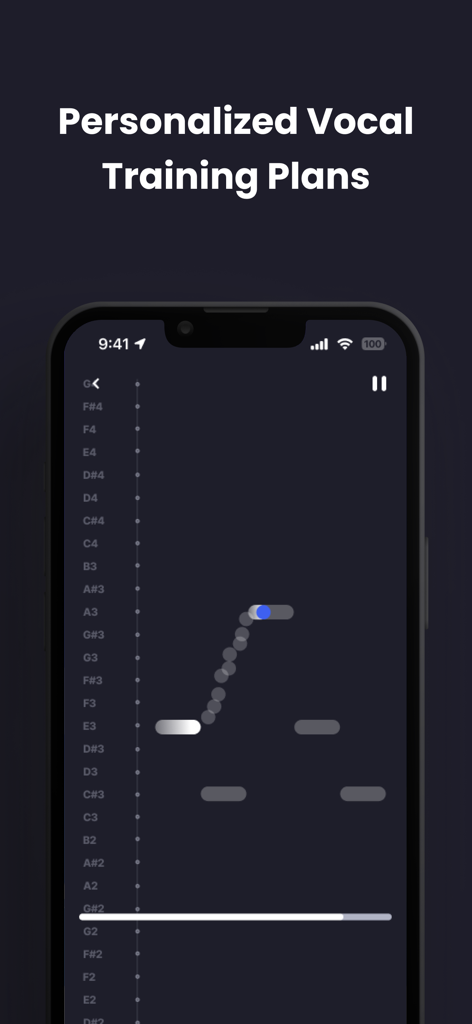 Personalized vocal training plans screen in the Vocal Up app with real time pitch monitoring
