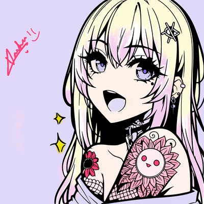 anime female with a tattoo and a mouth