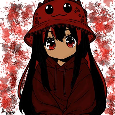 girl with anime shaped eyes with a dinosaur bucket hat oversized sweatshirt long straight hair