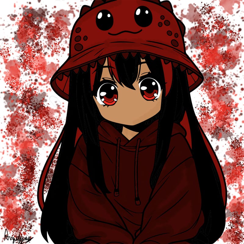 girl with anime shaped eyes with a dinosaur bucket hat oversized sweatshirt long straight hair