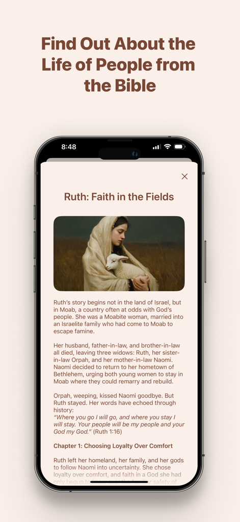 Una pantalla de la aplicación Evangelio que muestra un estudio sobre la vida de Ruth de la Biblia