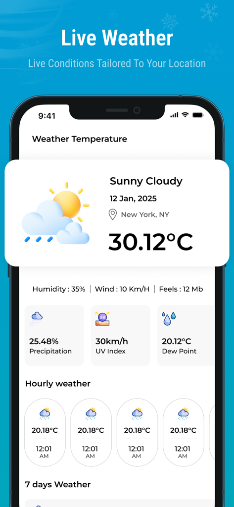 Dashboard meteo in tempo reale nell'app Termometro Interno che mostra temperatura e previsioni per New York.