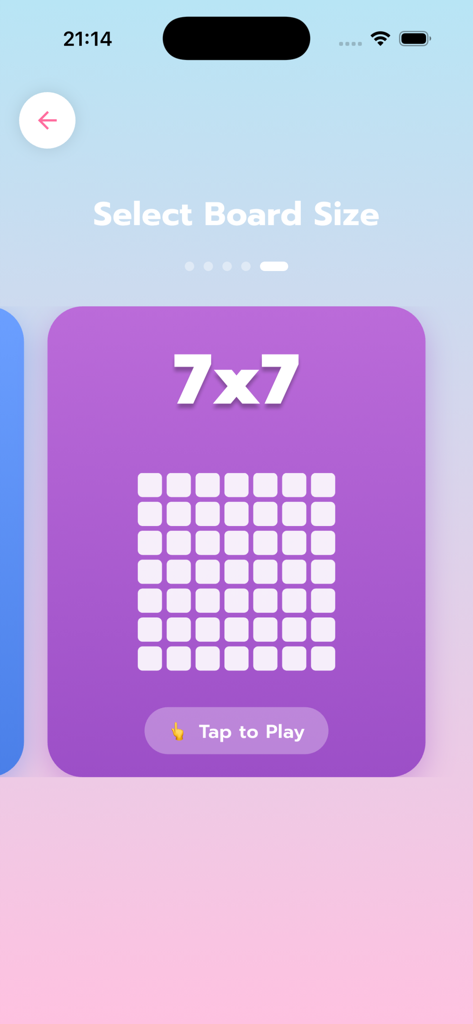 Tic Tac Toe Jelly - XO Game - Tic Tac Toe Jellyで7x7のボードサイズを選択するオプションが表示されているカラフルなモバイルゲーム画面