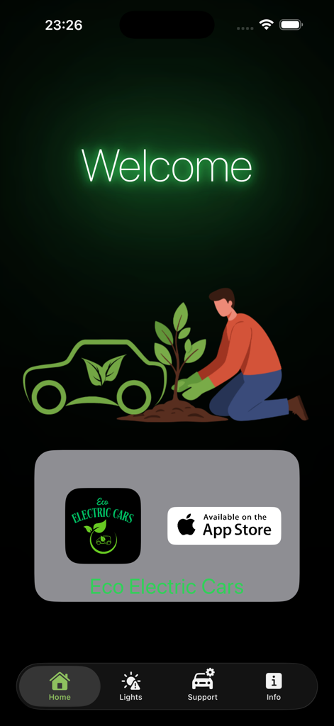 Welcome screen of the Support EV Cars app featuring an eco-friendly illustration of a person planting a tree next to an electric vehicle icon