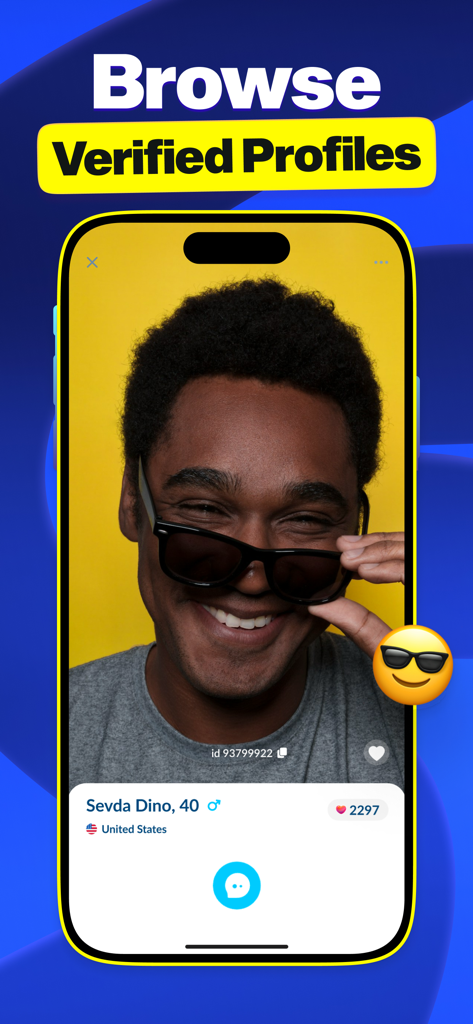 Una pantalla móvil que muestra la función Explorar perfiles verificados en la aplicación Olive con el perfil de un usuario de los Estados Unidos.