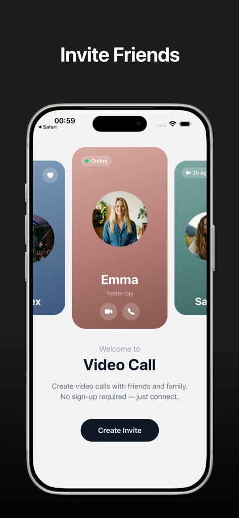 Video Call: Invites - Pantalla de inicio de la aplicación Videollamada: Invitaciones mostrando perfiles de usuario y un botón de invitación.