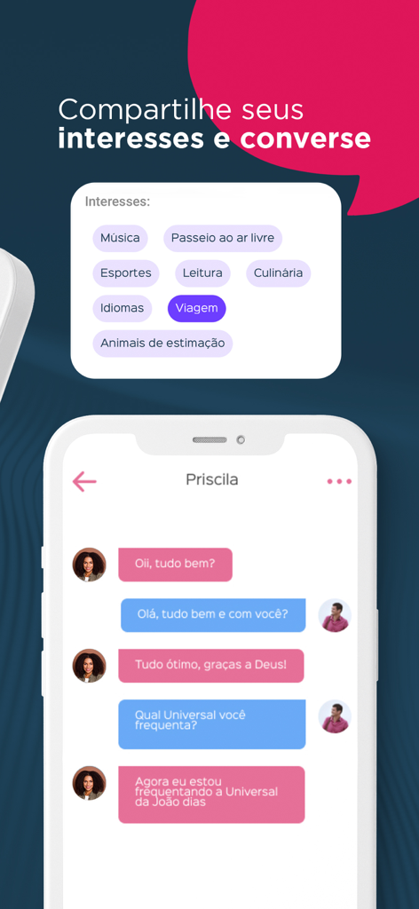 두 사람 간의 대화 내용과 사용자 관심사를 표시하는 만남을 원해요 앱 인터페이스