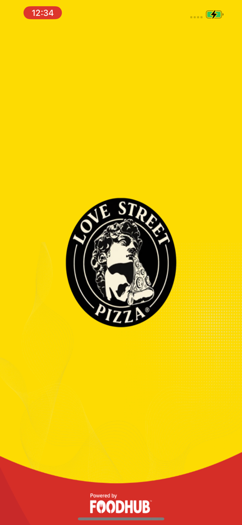 Love Street Pizza mobile app splash screen with logo on a yellow background
