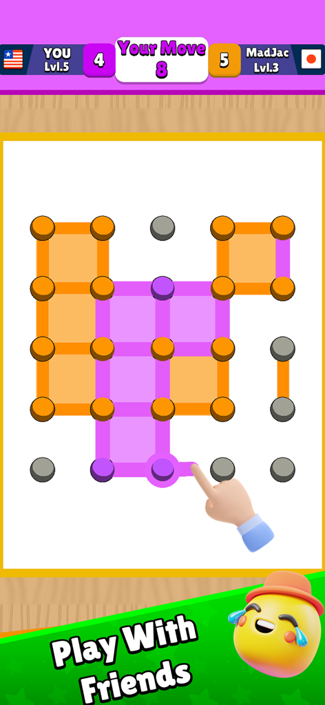 A screenshot of Dots N Numbers game showing a board with orange and purple squares and a finger drawing a line