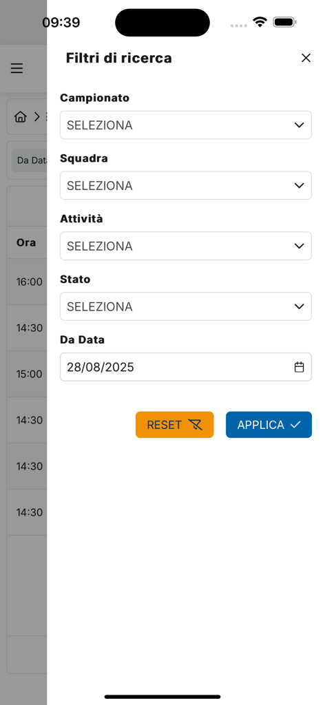 LND Portale Servizi - Search filter interface for championship and team selection in the LND Portale Servizi app