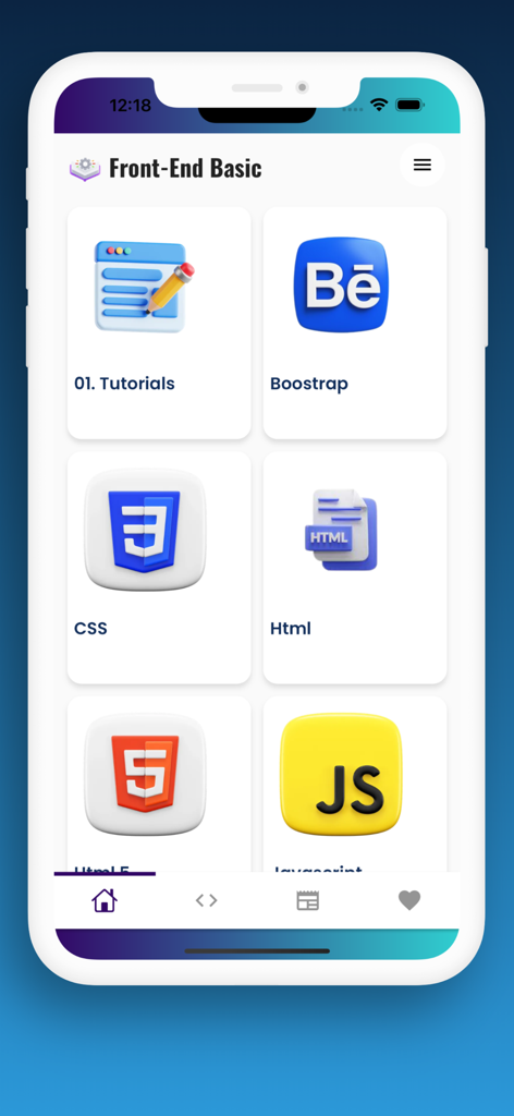 Mobile App-Ansicht, die Front-End-Entwicklungsmodule für HTML, CSS und JavaScript zeigt