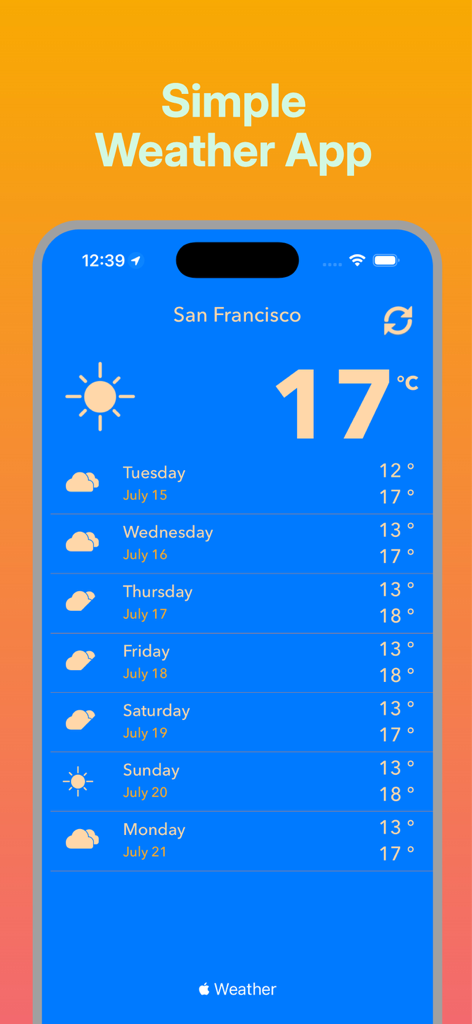 Thunderstorm-Local Weather - Thunderstorm-Local Weather app interface showing current temperature and a seven day forecast.