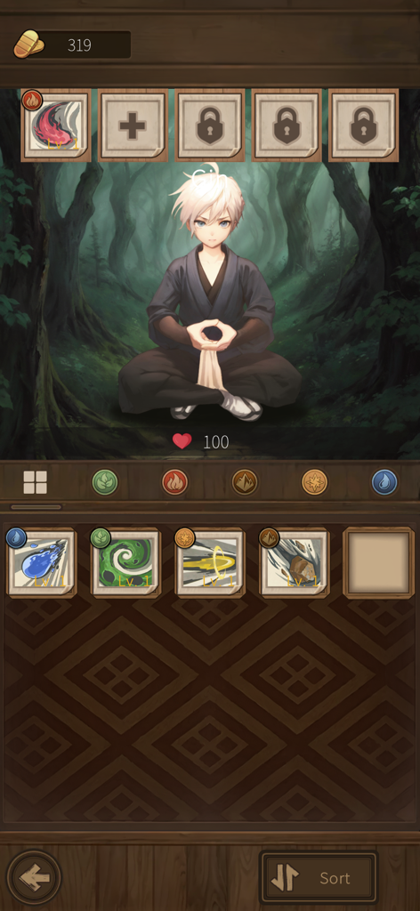 Ninja Sekai - Um personagem de anime de cabelos brancos no Ninja Sekai cercado por cartas de habilidade de ninjutsu elemental e ícones de atributo.