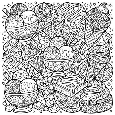 Treat yourself to a unique coloring experience with this Zentangle chocolate fantasy. Explore a delightful assortment of desserts, from ice cream to cakes, all adorned with mesmerizing patterns.
