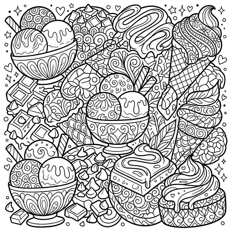 Treat yourself to a unique coloring experience with this Zentangle chocolate fantasy. Explore a delightful assortment of desserts, from ice cream to cakes, all adorned with mesmerizing patterns.