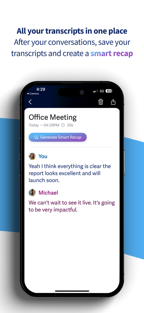 Ava: Transcribe Voice to Text - Smartphone screen showing an office meeting transcript and smart recap button in the Ava app