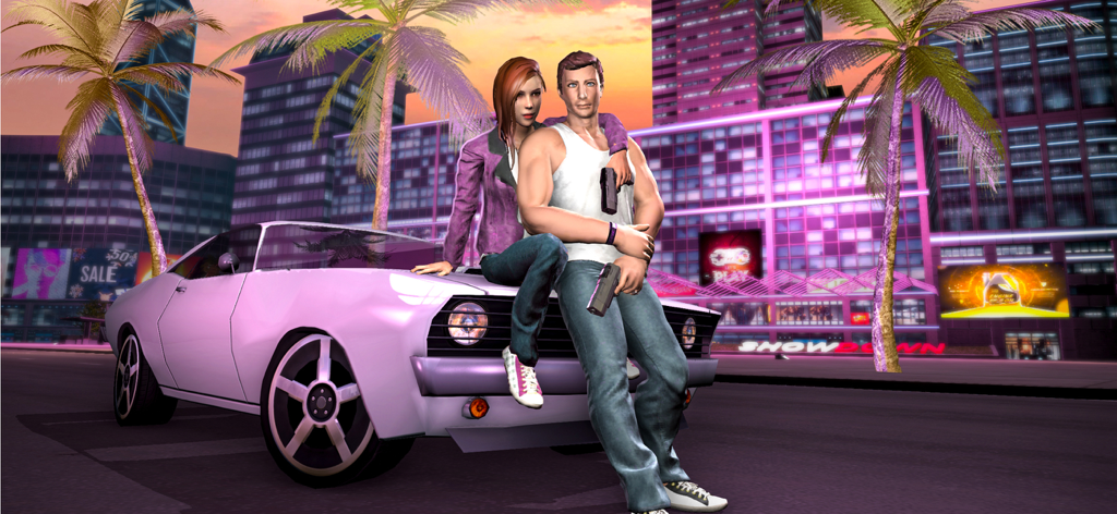 Gangster iv - Mafia Crime City - A man and woman with handguns posing near a white muscle car in a neon city