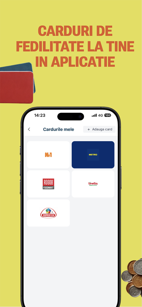 CROCO.md - Un smartphone mostrando una colección de tarjetas de fidelización digitales de varios minoristas dentro de la aplicación CROCO.