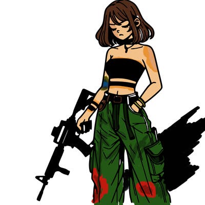 a dangerous girlcrop top and baggy jeans with a rifle in her hand