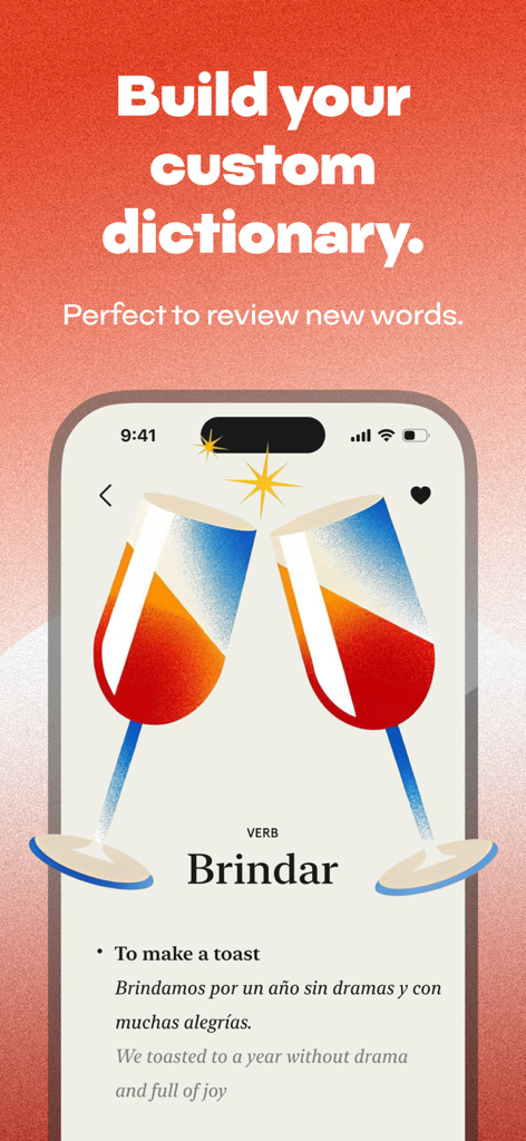 Unedo: Spanish Games + Stories - Unedo app screen showing a custom Spanish dictionary entry for the word Brindar with an illustration of clinking glasses