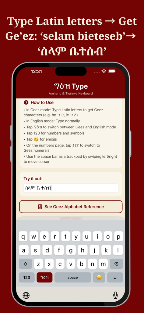 Tutorial de la aplicación de teclado GeezType que demuestra la transliteración fonética de latín a Ge'ez para amárico y tigriña