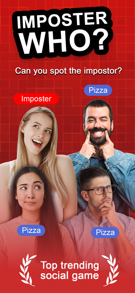 Who is the imposter Game - Pantalla del juego de deducción social que muestra amigos con palabras secretas e identificando a un impostor.