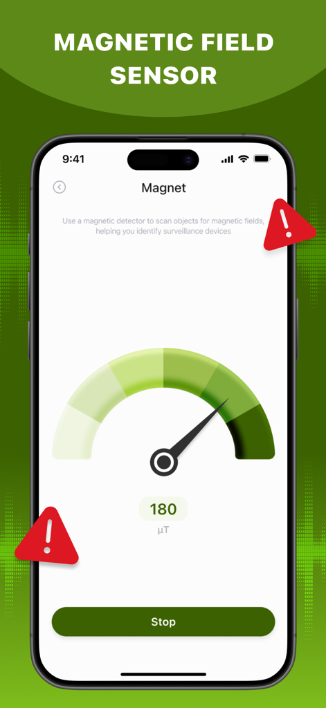 Hidden Detect: Device Finder - Magnetic field sensor interface for detecting hidden devices in the Hidden Detect app.