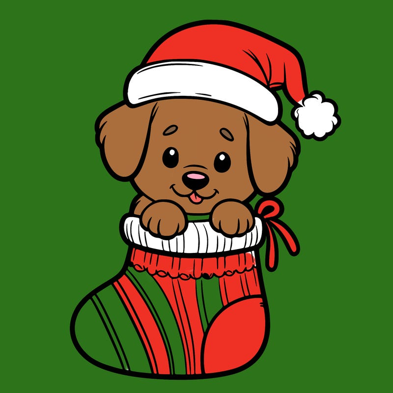 cute puppy wearing santa hat in socking