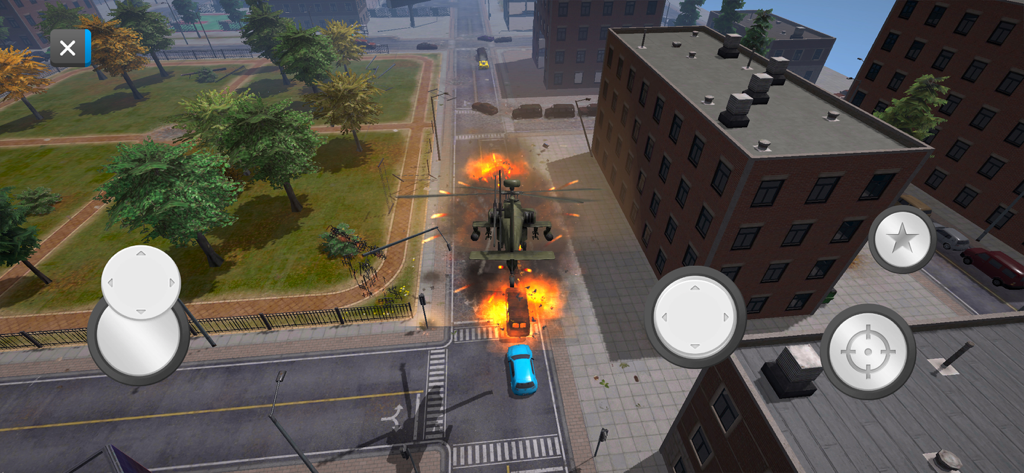 City Smash 2 - A military helicopter causing explosions in a city street in City Smash 2