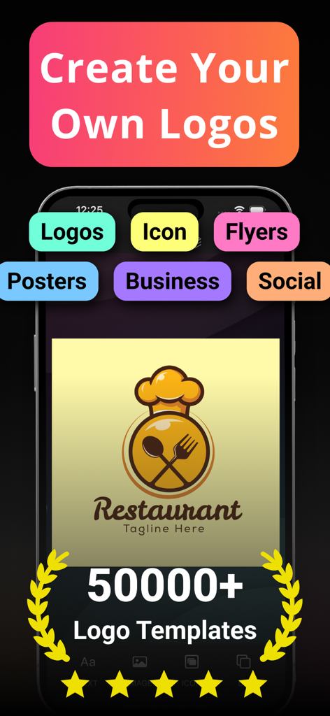Logo Maker · Ai Flyer Maker - Evolvo app interface showing a restaurant logo design with options for flyers and posters
