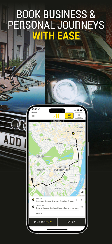 Addison Lee app interface showing a map of London with a route between Leicester Square and Sloane Square for business or personal journeys.