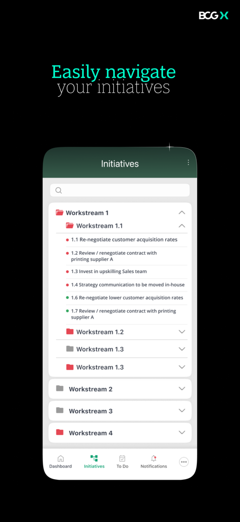 KEY Impact Management by BCG X - Interface of the KEY Impact Management app by BCG X showing a structured list of project initiatives and workstreams