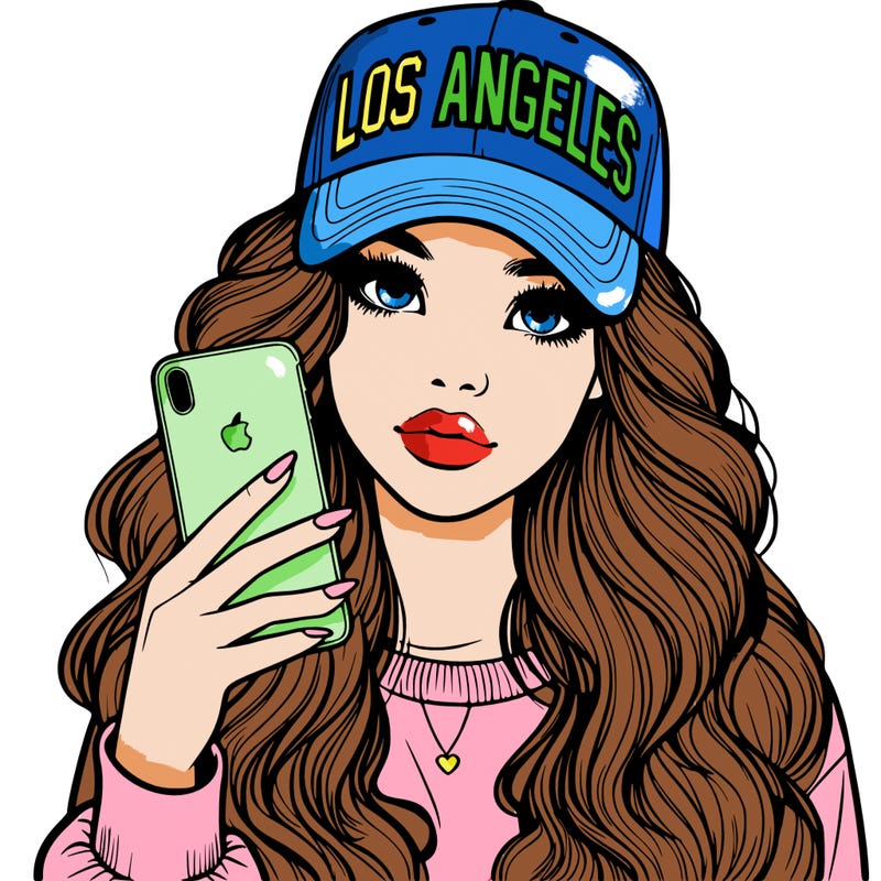 realistic beautiful girl wearing los ángeles cap holding an iphone