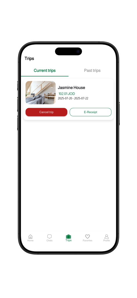 JRE : Hotel, Apartments - Trip management screen in JRE app showing a current booking for Jasmine House