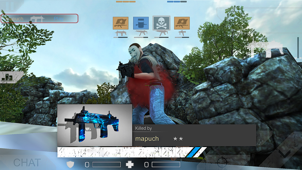 Standoff Multiplayer - Juego de disparos en primera persona de Standoff Multiplayer que muestra un personaje jugador y una notificación de muerte.