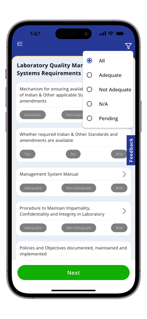 BIS Lab Audit - Laboratory quality management requirements checklist in the BIS Lab Audit app.