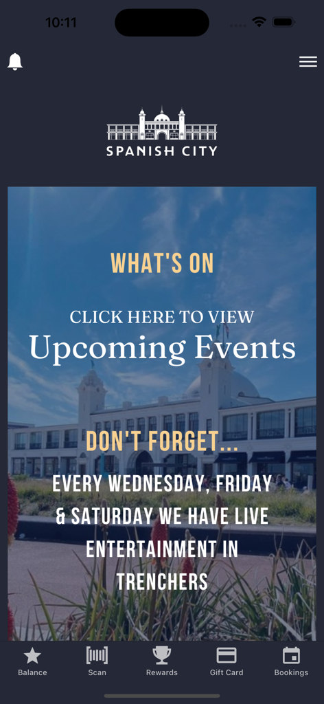 A tela inicial do aplicativo Spanish City exibindo informações sobre eventos futuros e entretenimento ao vivo