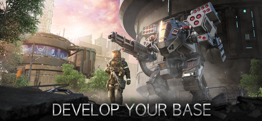 일몰 속 군사 기지에 서 있는 미래형 병사 및 거대 전투 메크