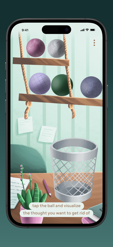 Relaxing Games by StressBall+ - Stress relief app screen showing a visualization exercise to release negative thoughts by tapping balls