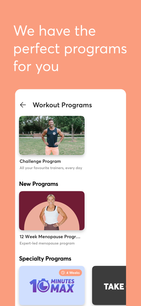 Workout programs selection screen in the 28 by Sam Wood app showing challenge programs and specialized fitness tracks