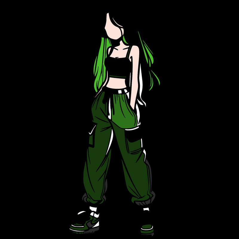 girl in baggy pants crop top and long hair