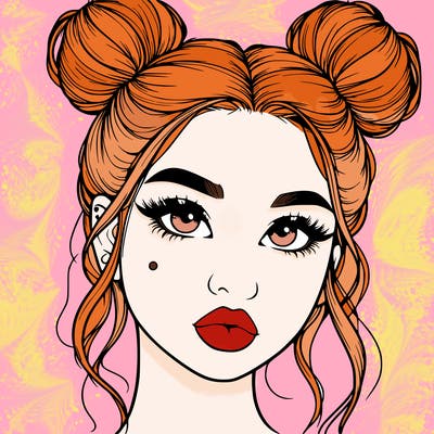 realistic girl with two buns on her hair and lips