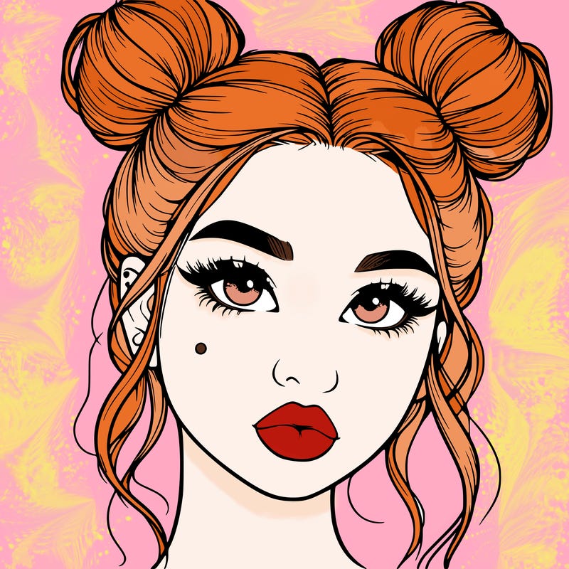 realistic girl with two buns on her hair and lips