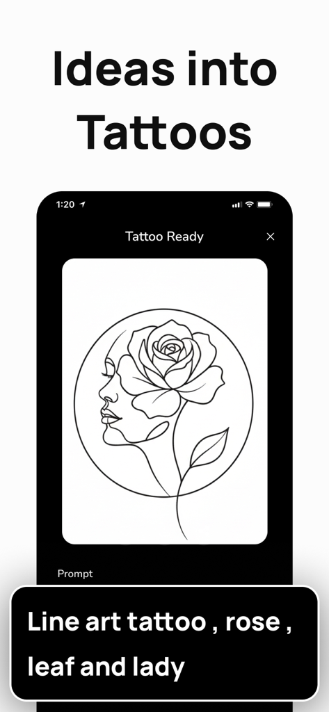 AI Tattoo Generator: Ink4 - Ink4アプリによって生成された女性とバラの線画タトゥーデザイン