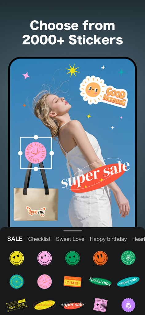 Picsoft AI Photo Editor - Ein Foto einer Frau, die in der Picsoft-App mit ästhetischen Stickern und Verkaufs-Badges bearbeitet wird