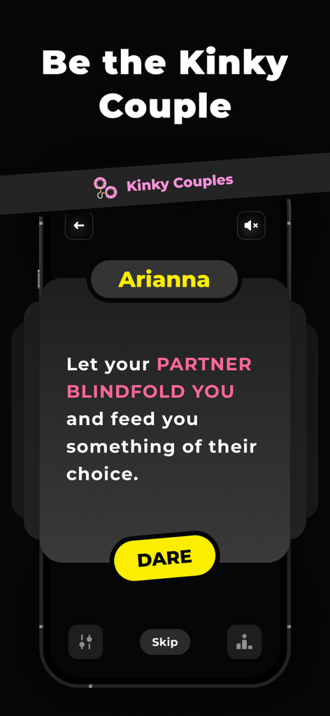 Dirty Truth or Dare Adult Game - Una tarjeta de atrevimiento en la aplicación Dirty Truth or Dare para el modo Parejas Traviesas pidiendo a un jugador que se venda los ojos.