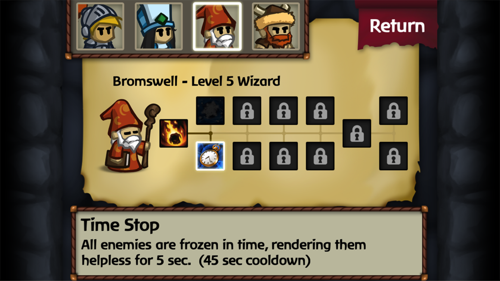 Battleheart - Character screen for a level 5 Wizard in Battleheart showing the skill tree and Time Stop ability description