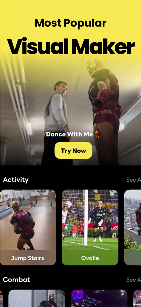 AI Dance Generator: Dance AI - Oberfläche der KI-Tanzgenerator-App, die Trend-Meme-Video-Vorlagen zeigt.