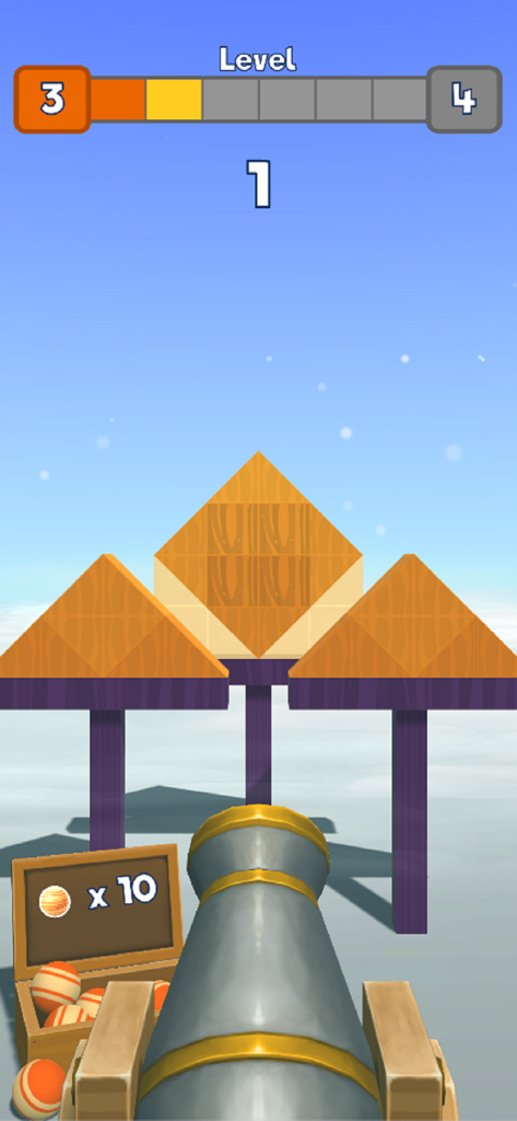 Knock Balls 게임 플레이로, 대포가 나무 구조물을 부수기 위해 조준하고 있는 모습