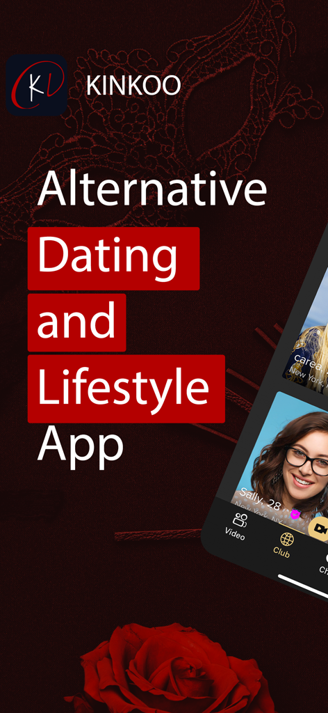 Kinkoo app promotional screen featuring the text Alternative Dating and Lifestyle App with a masquerade mask and red rose background